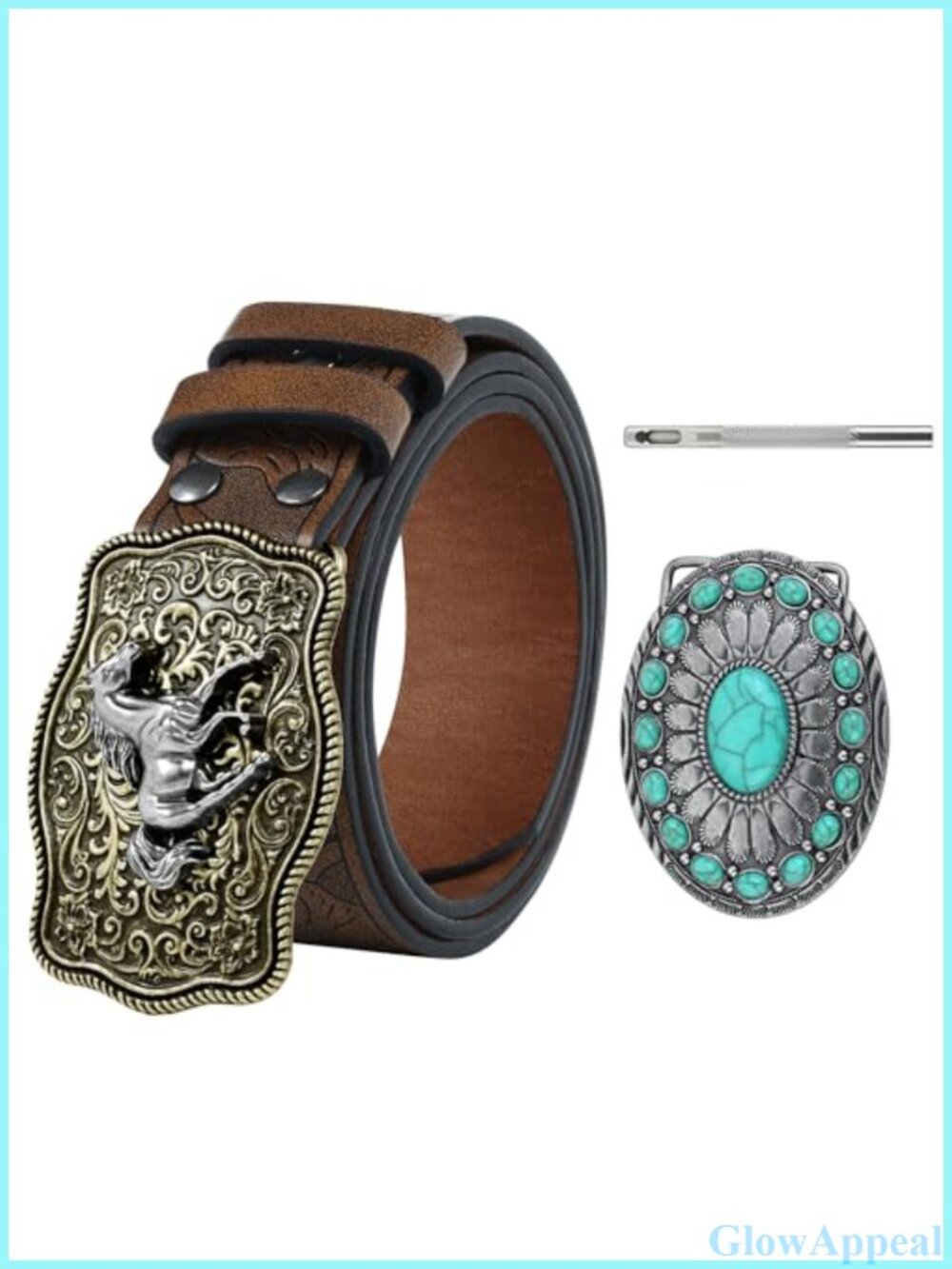 Western Cowboy Belt PU Leather Removable Mustang Turquoise Buckles Adjustable